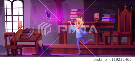 Magic school room with girl and flying feather Magic school room with girl and flying feather 119221460