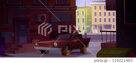 Old broken car standing in alley of ghetto Old broken car standing in alley of ghetto 119221463