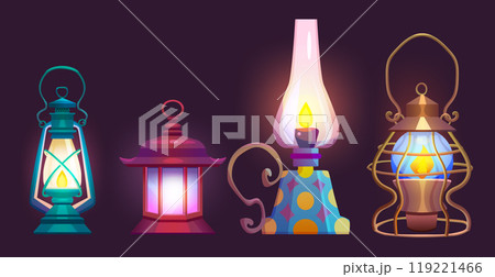 Old oil and gas lamp with flame. 119221466