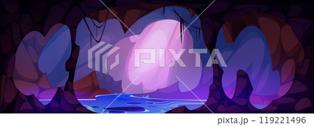 Dark mystery cave with underground lake or river 119221496