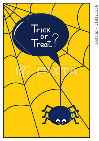 A postcard with a funny spider. The phrase Trick or treat. 119221556