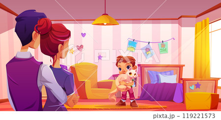 Cute kid love cat and family in house bedroom 119221573