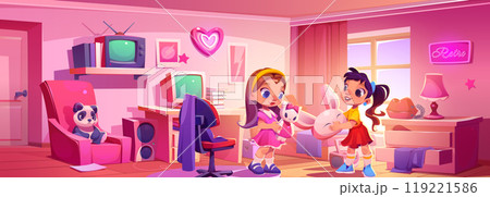 Girl in pink kid bedroom play with friend vector Girl in pink kid bedroom play with friend vector 119221586