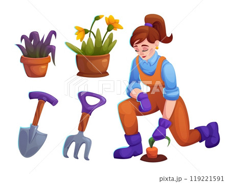 Woman with garden flower plant in pot illustration Woman with garden flower plant in pot illustration 119221591