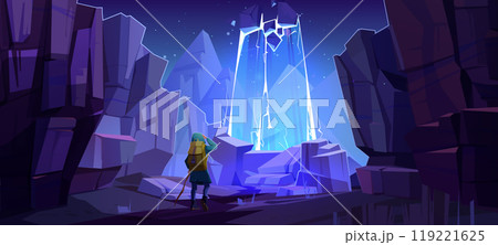 Traveler looking at neon cracked cliff wall 119221625