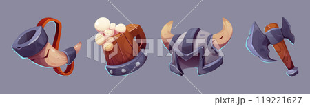 Viking game icons set. Cartoon vector 119221627