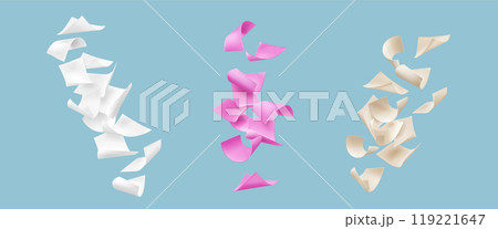 Paper pile fly in air - white, pink and beige 119221647