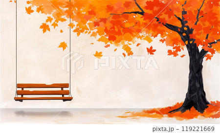 A beautiful painting of a swing under a tree with orange leaves 119221669