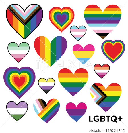 Set of LGBTQ pride flag rainbow colours hearts 119221745