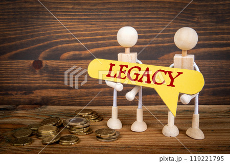 Legacy. Yellow speech bubble with word. Miniature human figures 119221795