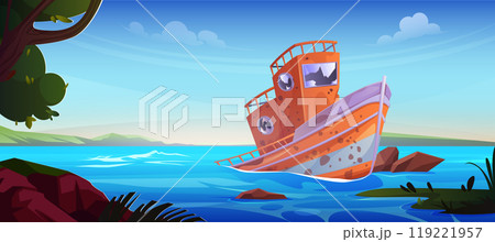 Broken abandoned fisher boat aground. 119221957