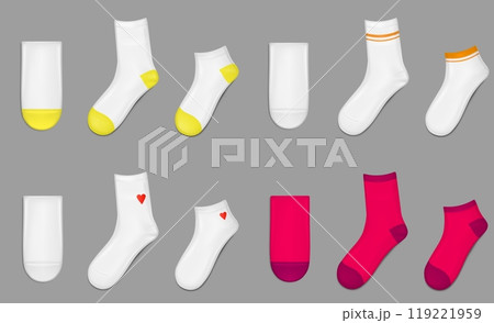 Socks realistic mockup red and white with decor. Socks realistic mockup red and white with decor. 119221959