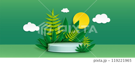 3d green product display podium with leaf plant 119221965