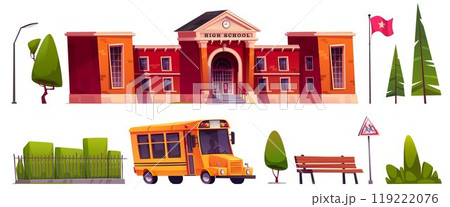 High school exterior cartoon vector elements set. High school exterior cartoon vector elements set. 119222076