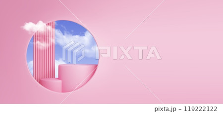 Podium behind round window in wall, sky and clouds Podium behind round window in wall, sky and clouds 119222122