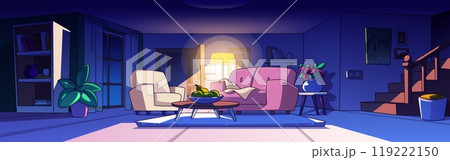 Night home room interior with pink sofa cartoon 119222150