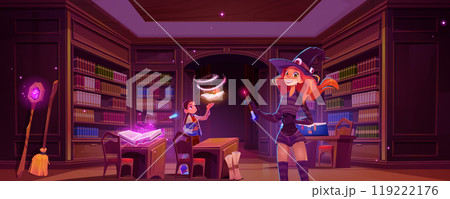 Magic library with wizard and witch students Magic library with wizard and witch students 119222176