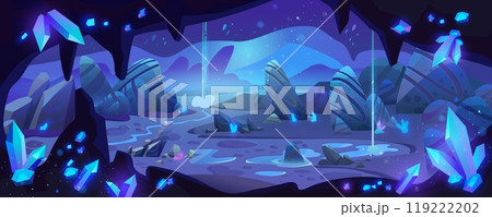 Dark cave with blue crystals 119222202