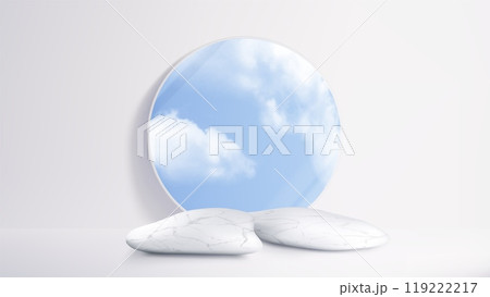 Stone product podium mockup with clouds on sky. 119222217