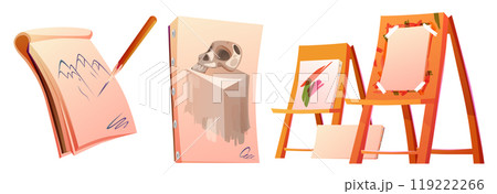 Art paint tool. Artist draw with pencil on easel Art paint tool. Artist draw with pencil on easel 119222266