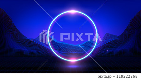 Cyberpunk background with neon circle on wireframe Cyberpunk background with neon circle on wireframe 119222268