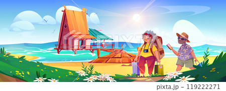 Old couple on summer beach vacation with suitcase 119222271