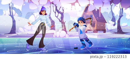 Woman and boy skating on ice lake in snowy forest. Woman and boy skating on ice lake in snowy forest. 119222313