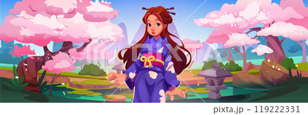 Woman in japanese kimono in park with sakura trees 119222331