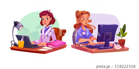 Female doctor and nurse working on computer 119222338