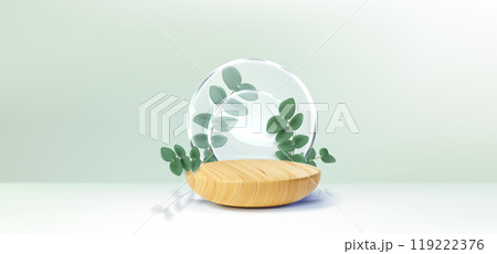 Wooden platform with eucalyptus branch Wooden platform with eucalyptus branch 119222376