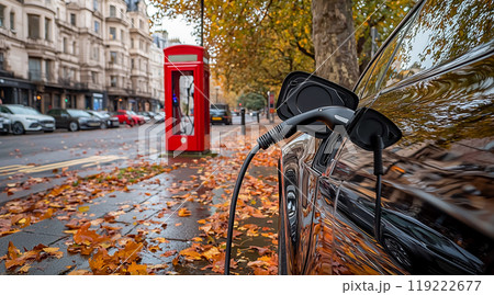 秋の風光明媚な環境のステーションで充電する電気自動車 秋の風光明媚な環境のステーションで充電する電気自動車 119222677