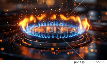 A close-up of a gas burner with a blue and orange flame and sparkles 119222703