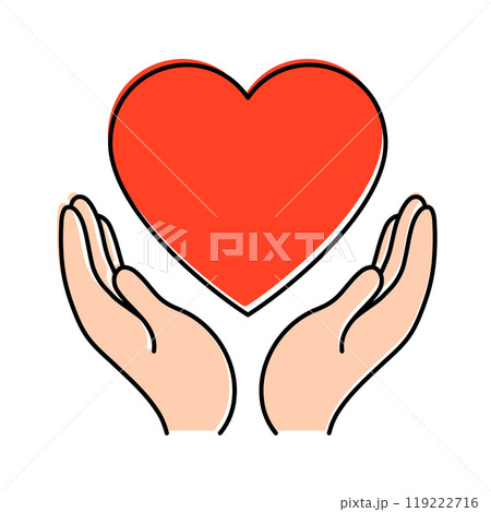 Charity icon, hands holding a red heart. Donation, support, compassion concept Charity icon, hands holding a red heart. Donation, support, compassion concept 119222716
