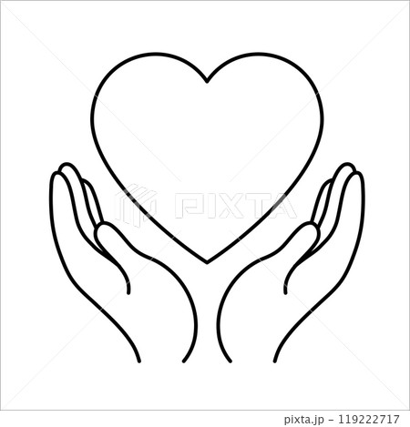 Charity icon, outline drawing of hands holding a heart. Donation, support, compassion concept 119222717