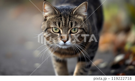 Adorable domestic cat look into the camera walking outside the house 119222718