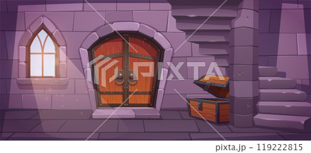 Medieval dungeon with stairs and treasure chest 119222815