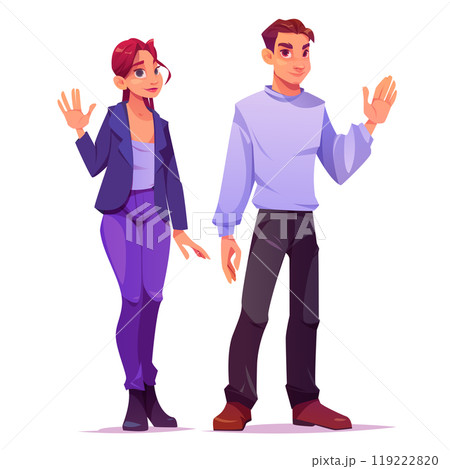 Waving welcome people, man and woman say hello 119222820