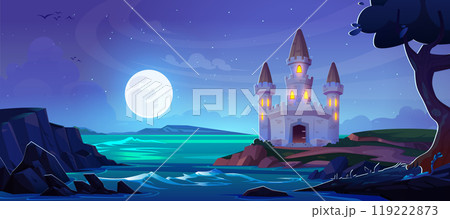 Fairytale castle on hill above stormy night sea 119222873
