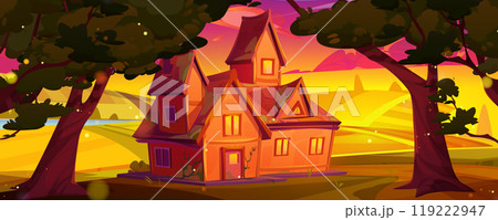House near trees and rural fields at sunset 119222947
