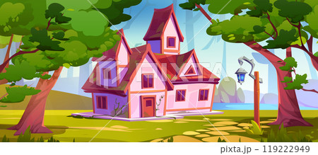 Pink rural house on forest glade near lake 119222949