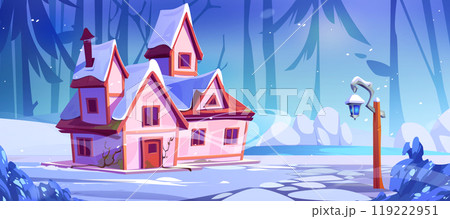Pink rural house on forest glade near frozen lake 119222951