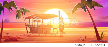 Tiki bar and surfboard on sea sand beach on sunset 119222981