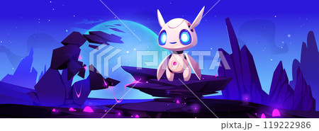 Alien planet landscape with cute robot astronaut. Alien planet landscape with cute robot astronaut. 119222986