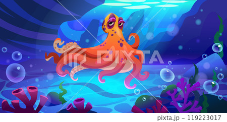 Octopus cartoon character swimming underwater. 119223017