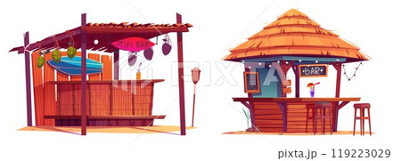 Beach tiki bar with surfboard. 119223029