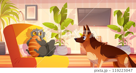 Living room interior with cat and dog. 119223047