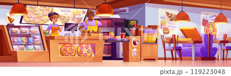 Pizzeria interior with male and female employees Pizzeria interior with male and female employees 119223048