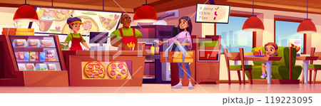 Pizzeria interior with workers and customers. 119223095