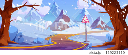 Snowy mountain landscape with winding road Snowy mountain landscape with winding road 119223110