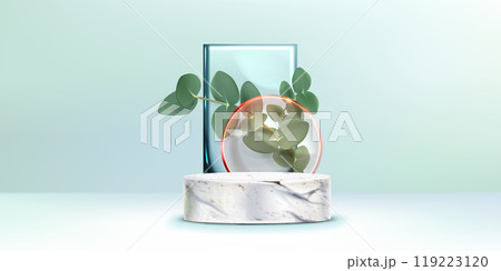 Stone cylinder product podium with green leaves 119223120